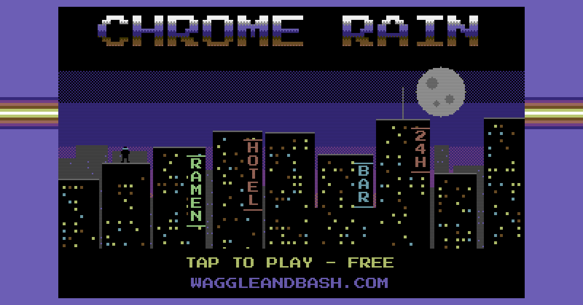 CHROME RAIN title screen: a neon city in the rain